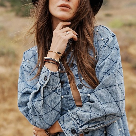 NWT Boho Denim Quilt Pattern Pearl Beaded Jacket - Picture 2 of 10